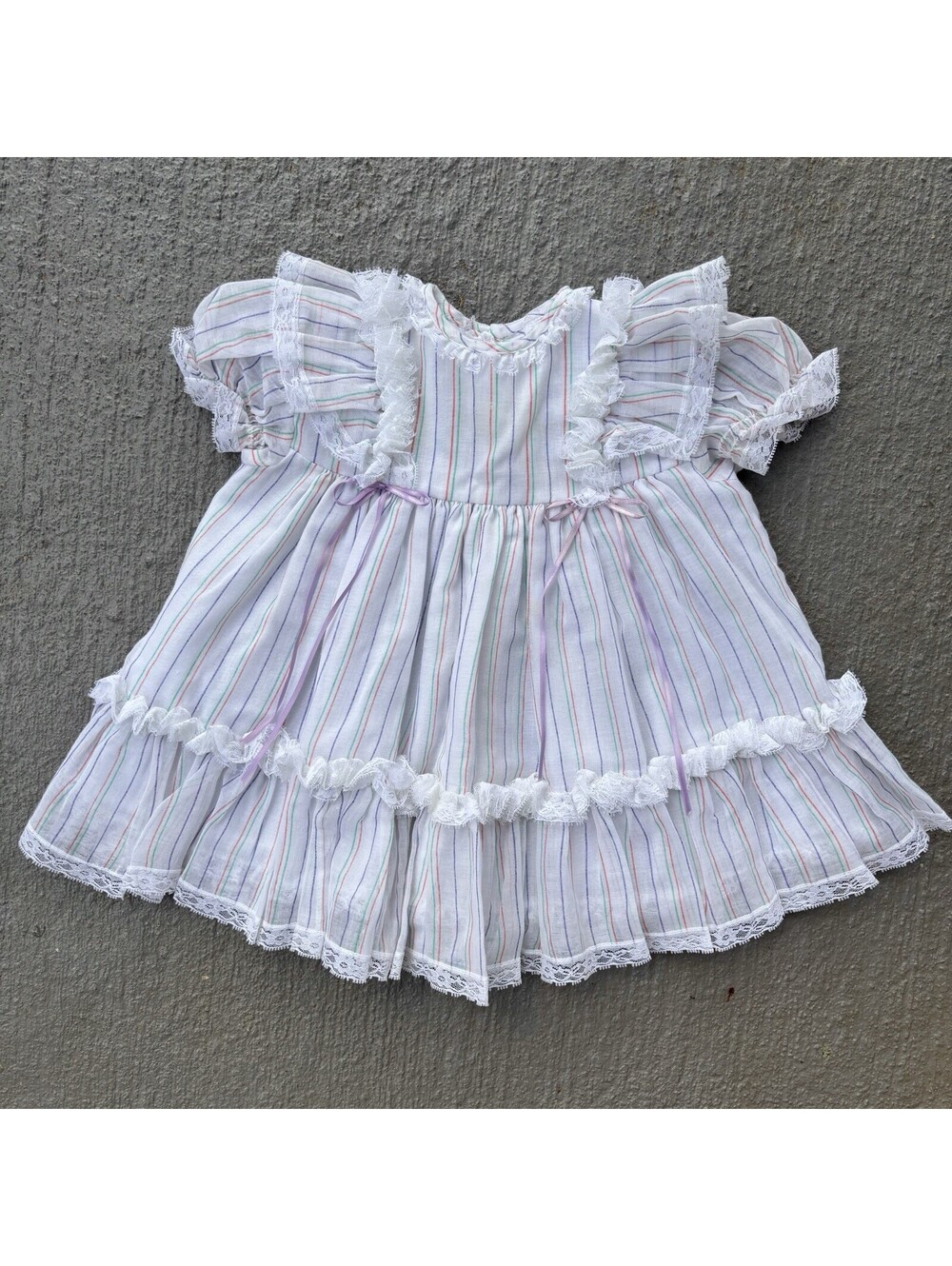 Vintage 80s Bryan Stripe Frilly Lace Ruffle Poof Dress KIDS 18 Months